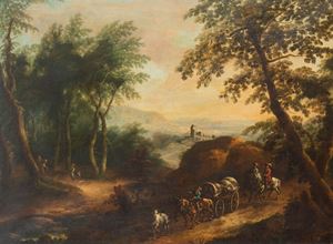 Woodland landscape with caravan and castle in the distance