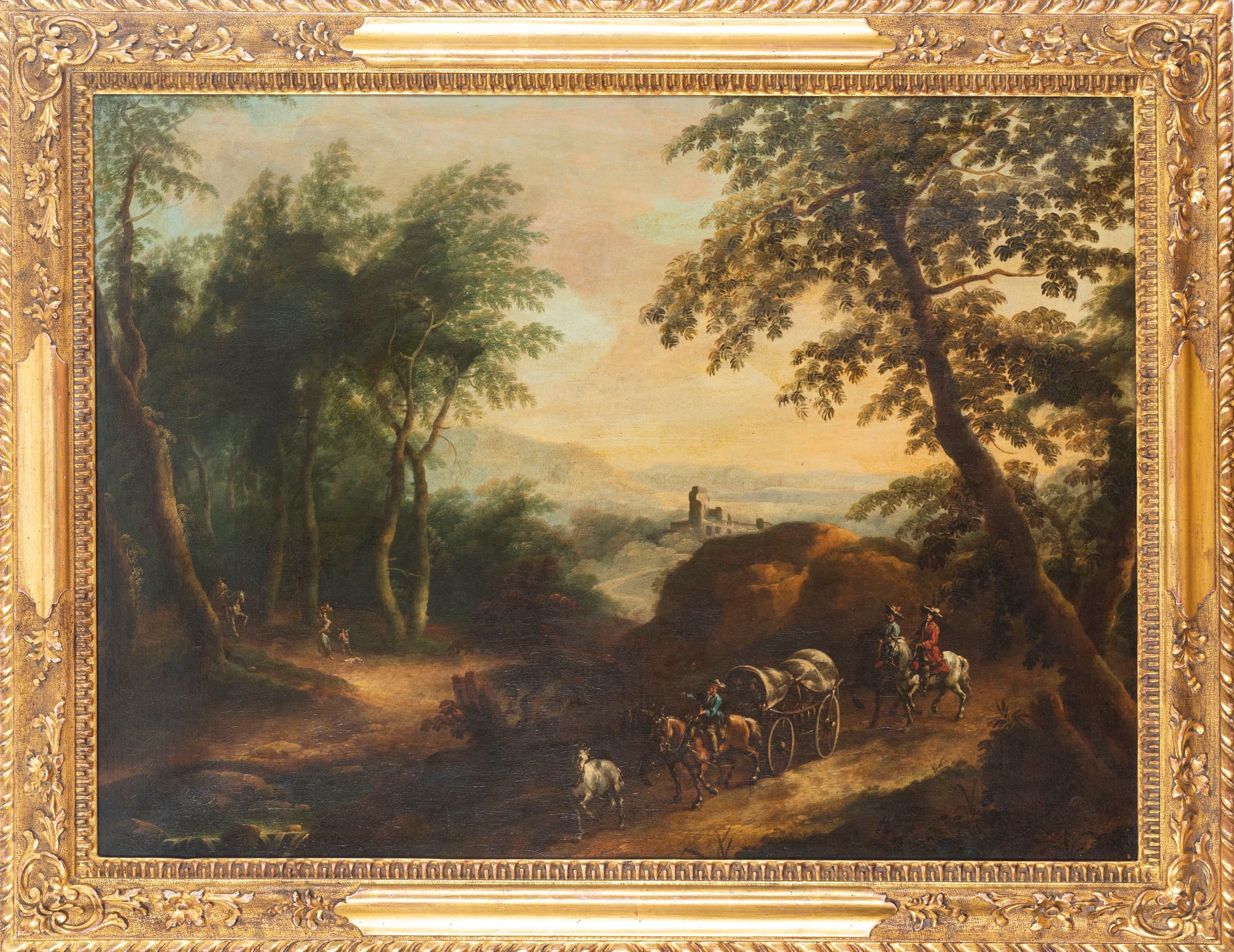 Paesaggio boschivo con carovana e castello in lontananza