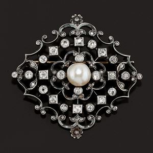 A silver, 18K yellow gold, natural pearl and diamond brooch