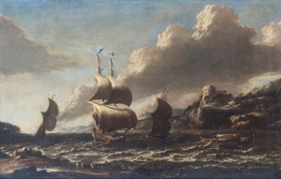 Marina con velieri, olio su tela