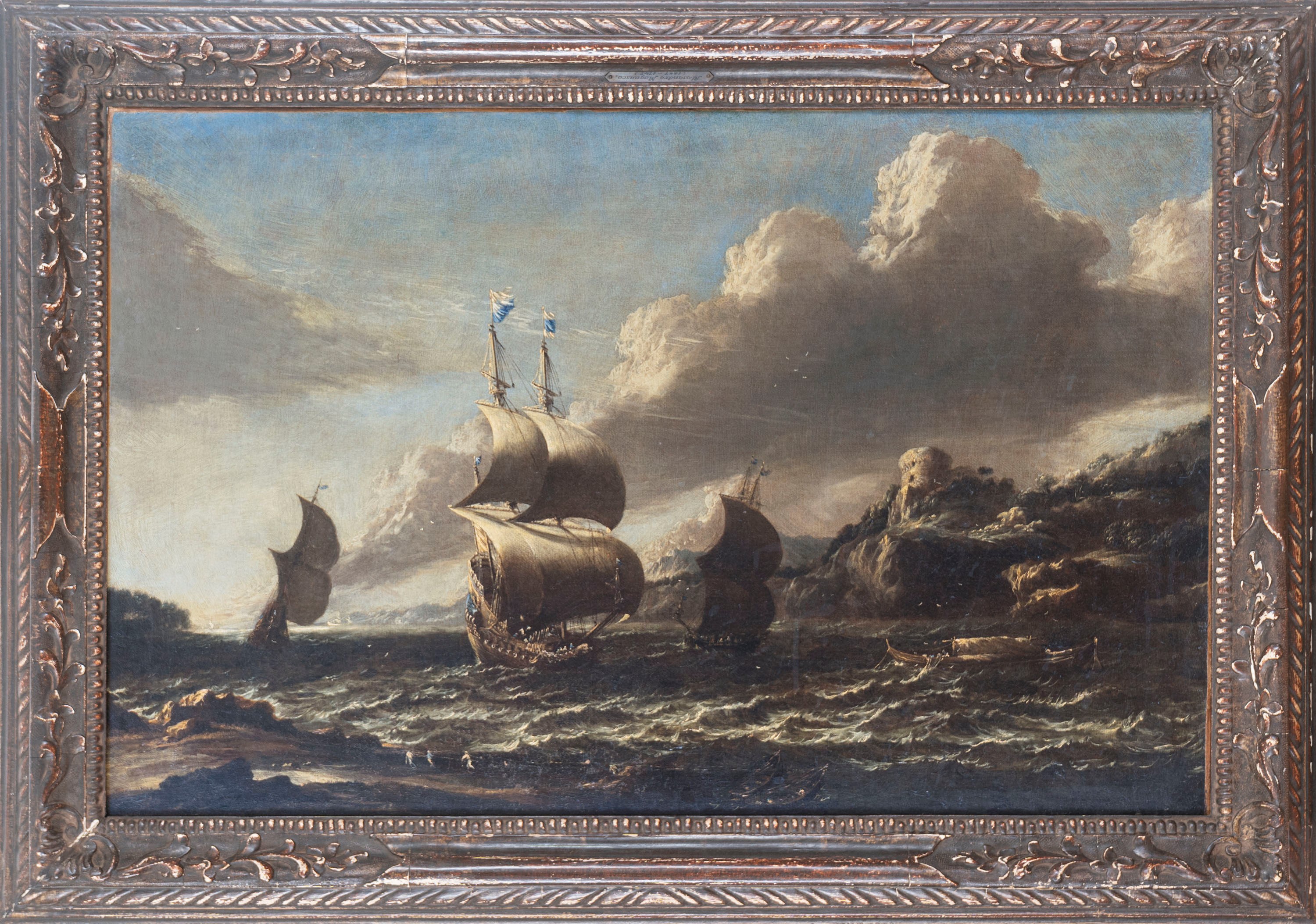 Scuola Fiamminga, Secolo XVIII - Marina con velieri, olio su tela
