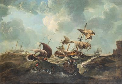 Marina con scena di naufragio, olio su tela
