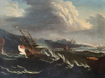 Mare in tempesta con velieri, olio su tela