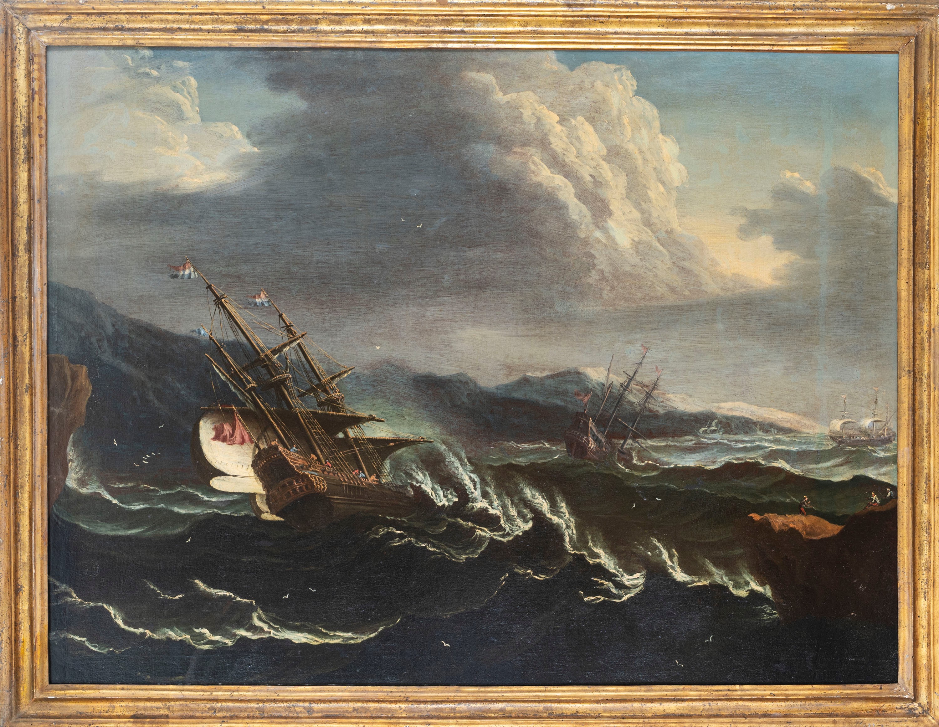 Scuola Fiamminga, Secolo XVIII - Mare in tempesta con velieri, olio su tela