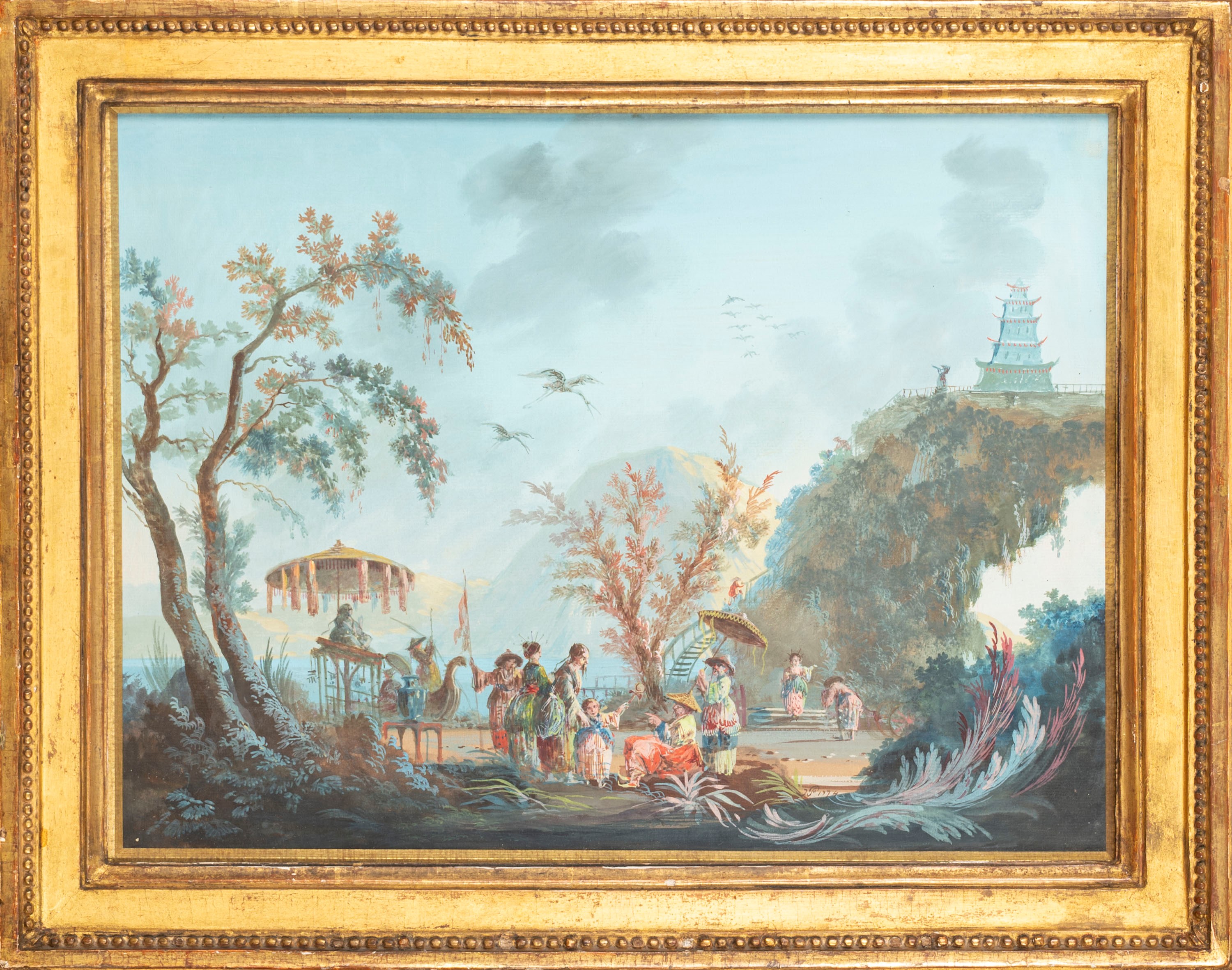 Scena di chinoiserie con figure in un paesaggio