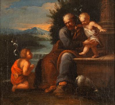 Autore non identificato, San Giuseppe con il Bambino e San Giovannino in un paesaggio, olio su te...