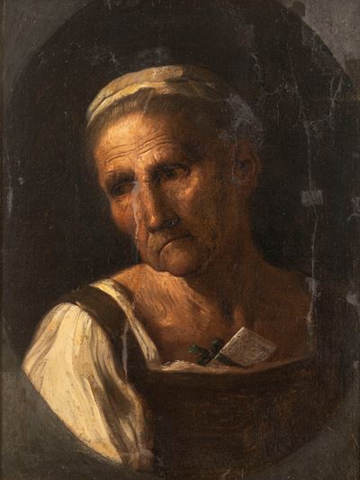 Autore non identificato, Vecchia con lettera, olio su tela entro ovale