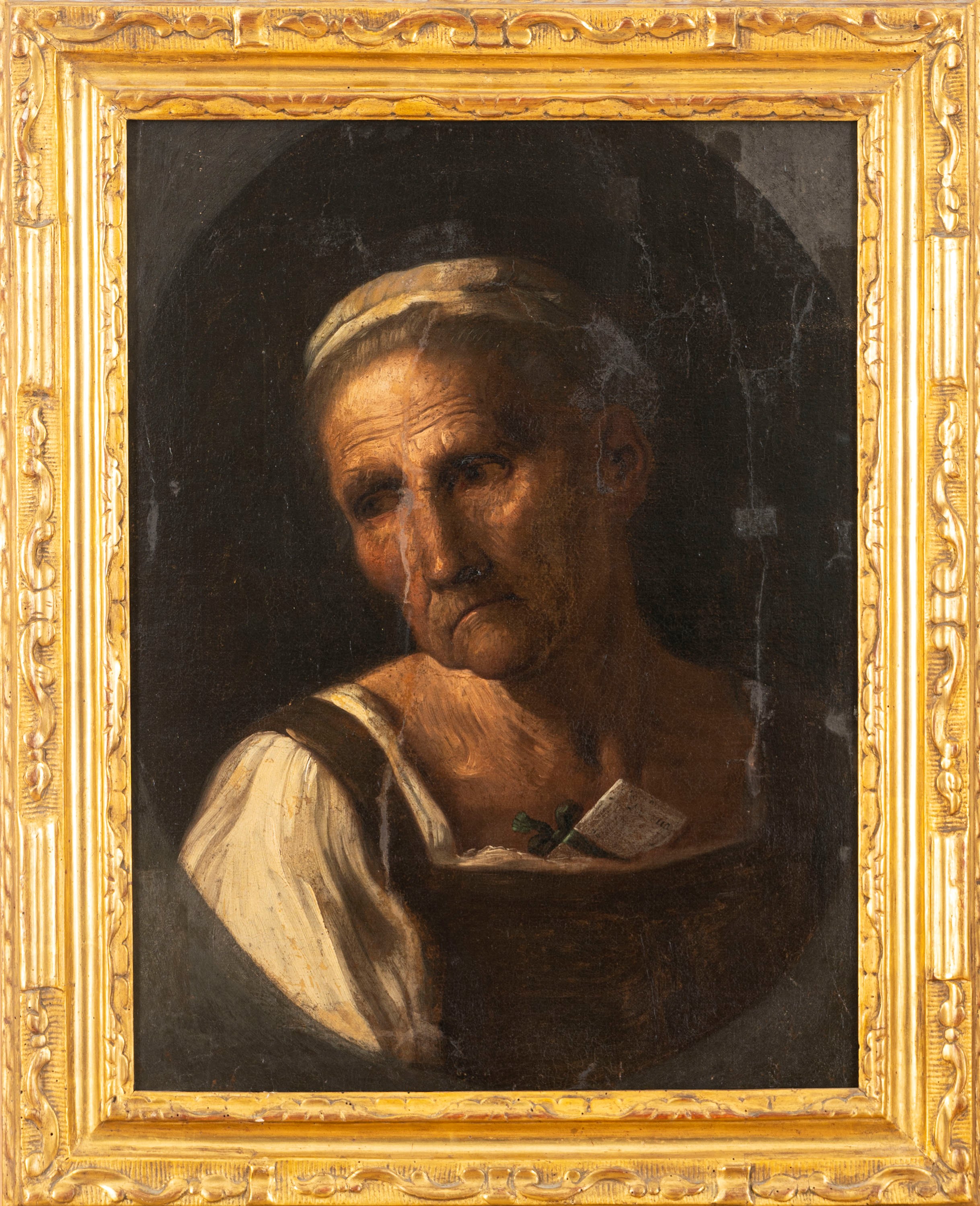 Scuola Veneta, Secolo XVII - Autore non identificato, Vecchia con lettera, olio su tela entro ova...