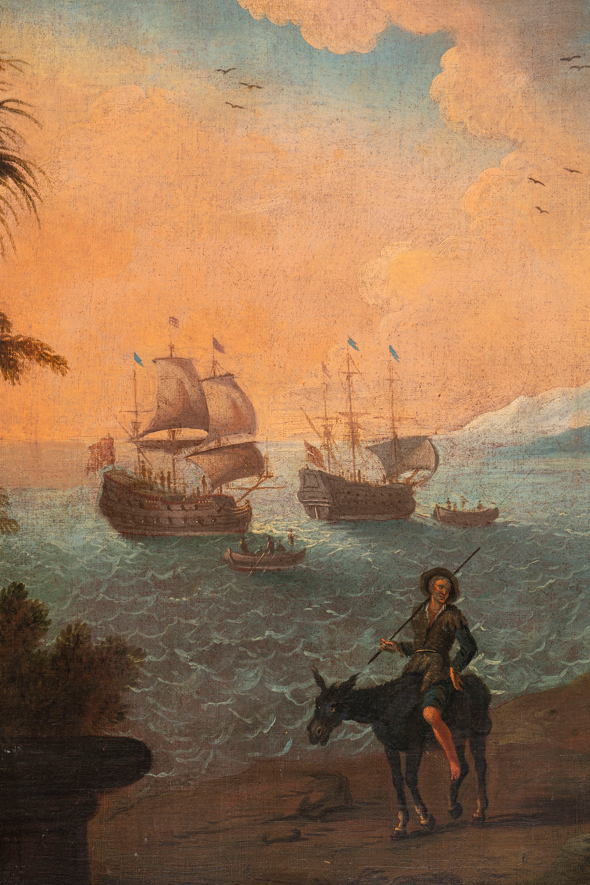 Paesaggio costiero con astanti in primo piano e velieri in lontananza