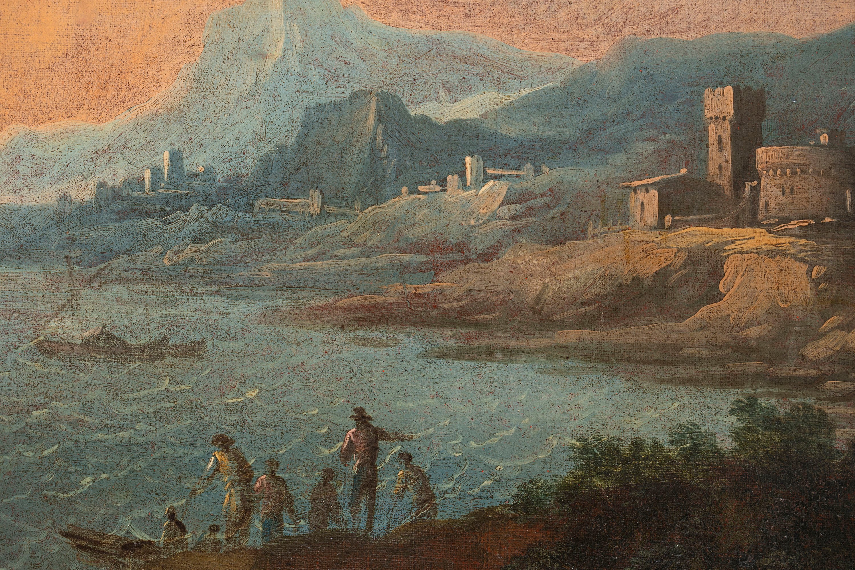 Paesaggio costiero con astanti in primo piano e velieri in lontananza