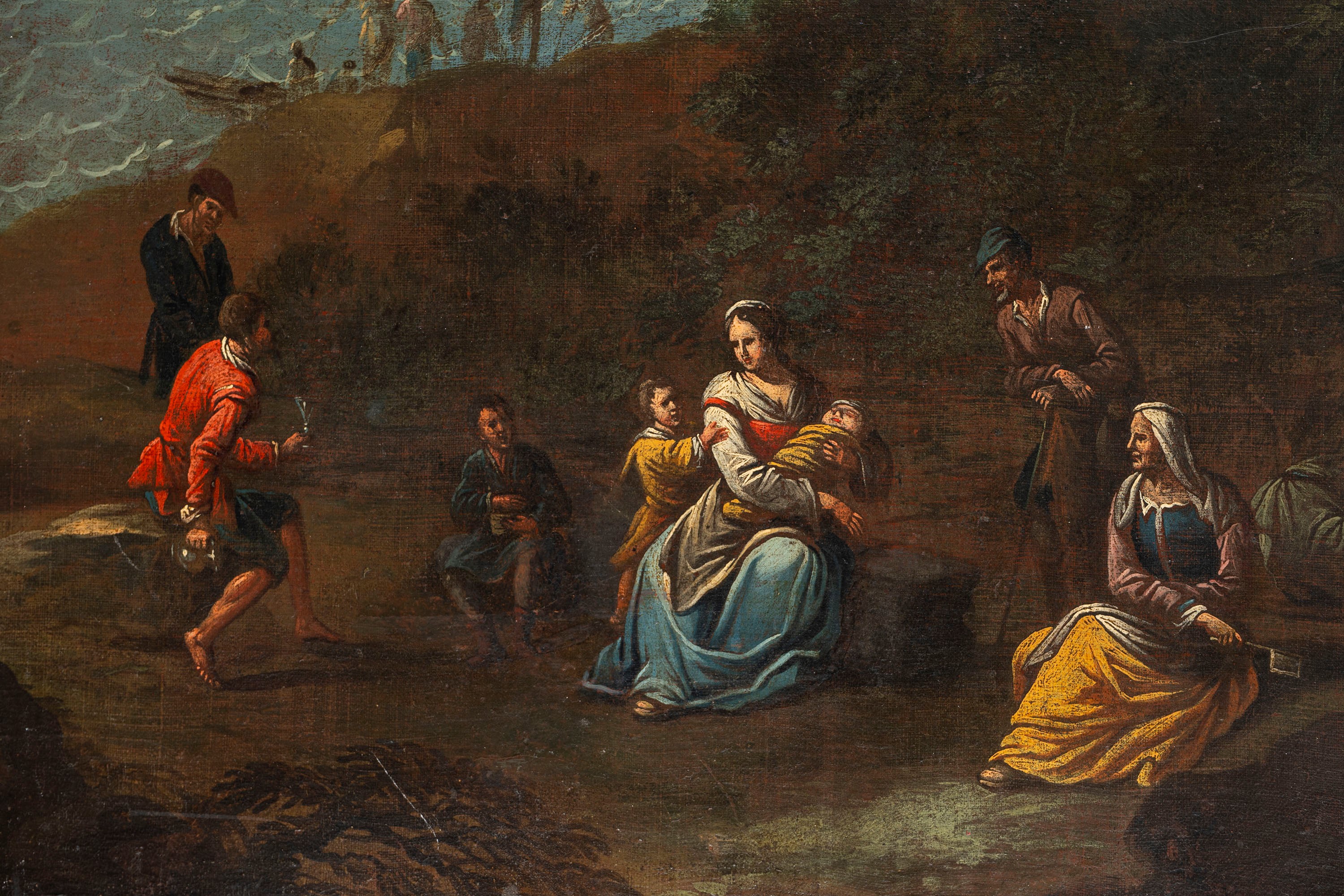 Paesaggio costiero con astanti in primo piano e velieri in lontananza