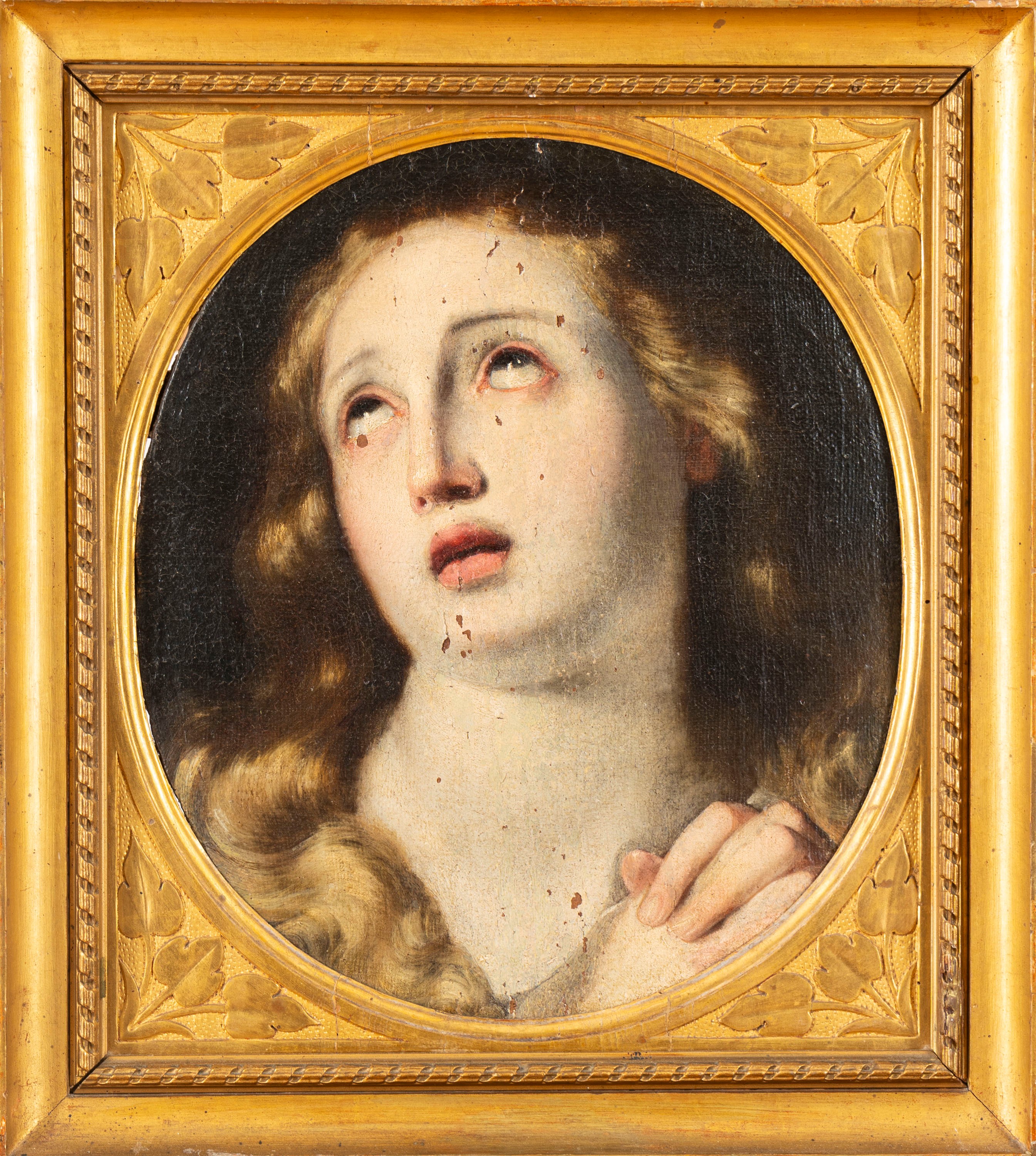 Scuola Italiana, Secolo XVII - Autore non identificato, Santa in estasi, olio su tela ovale appli...