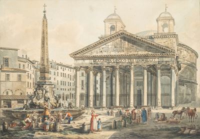 Veduta del Pantheon e Piazza della Rotonda, penna, inchiostro e acquerello su carta