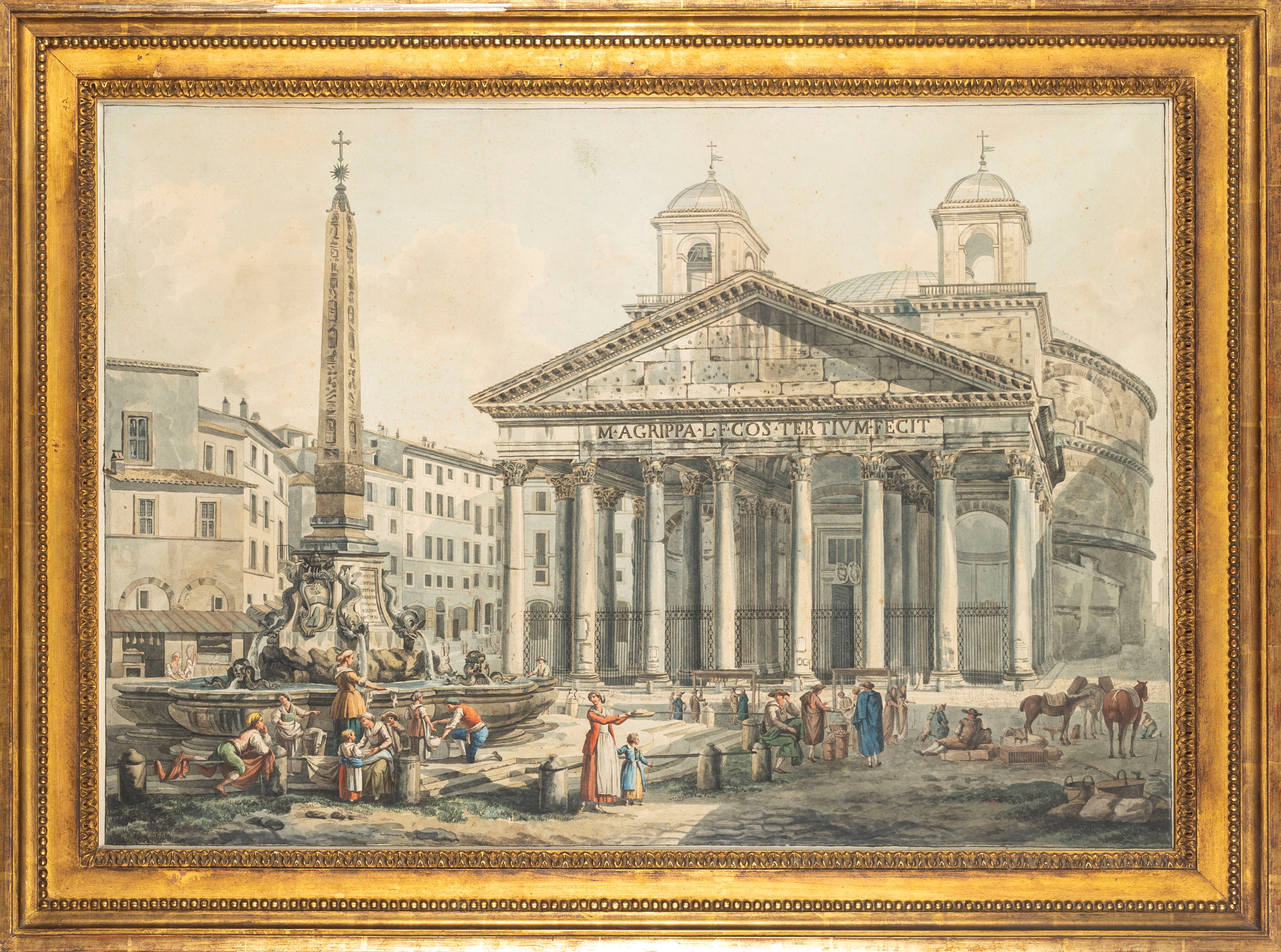 Scuola Romana, Inizi Secolo XIX - Veduta del Pantheon e Piazza della Rotonda, penna, inchiostro e...