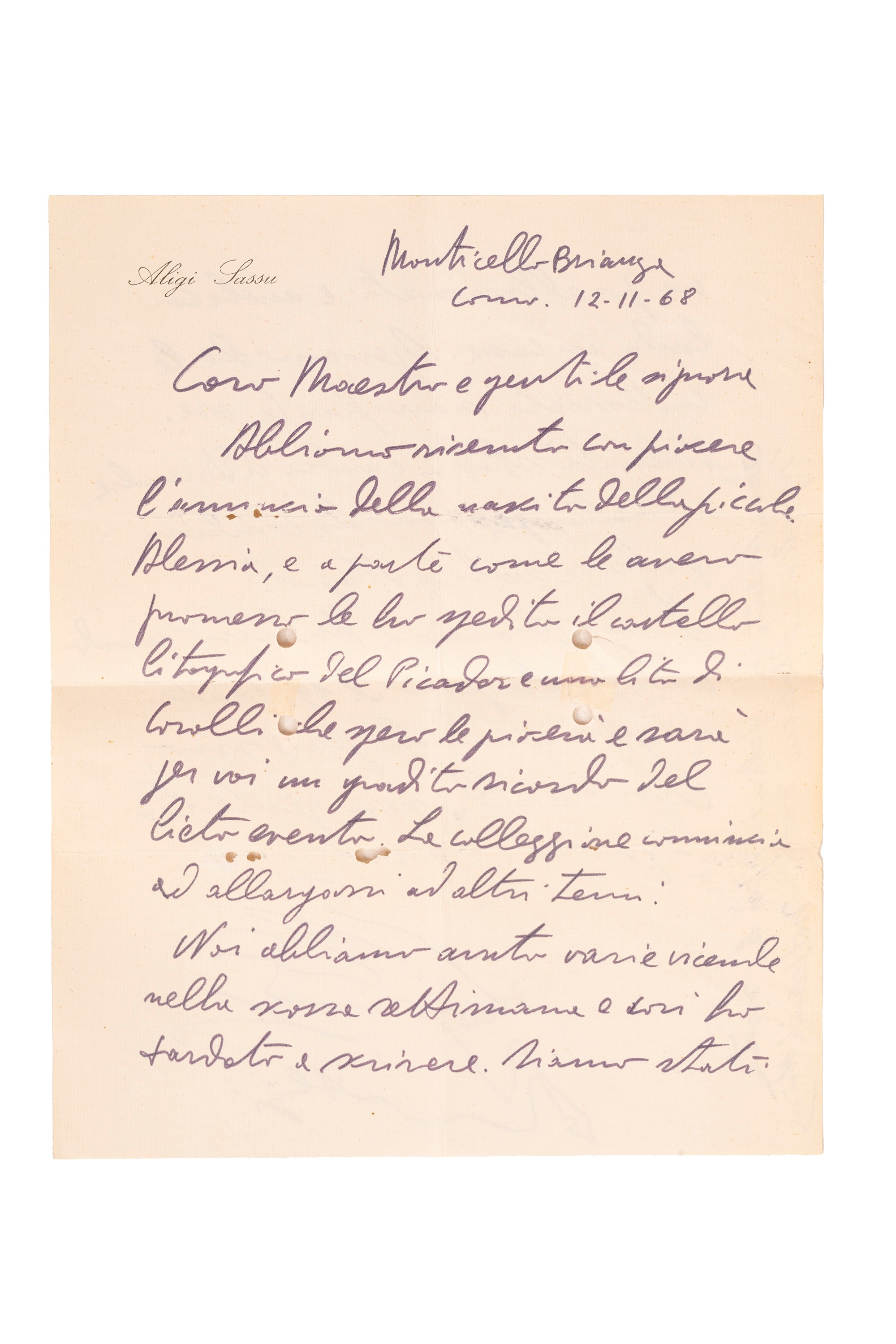 Aligi Sassu - Lettera autografa firmata con disegno di cavallo