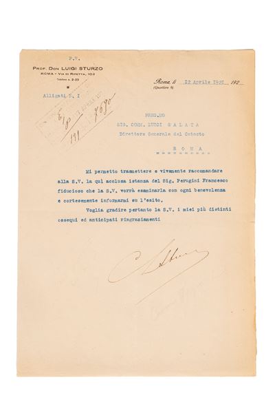 Lettera dattiloscritta firmata, Roma 12 aprile 1921