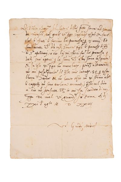 Guido de' Medici, Lettera autografa firmata, Roma, 21 agosto 1524