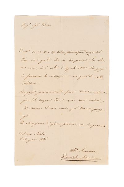Lettera autografa firmata al libraio Pietro Milesi, 1836