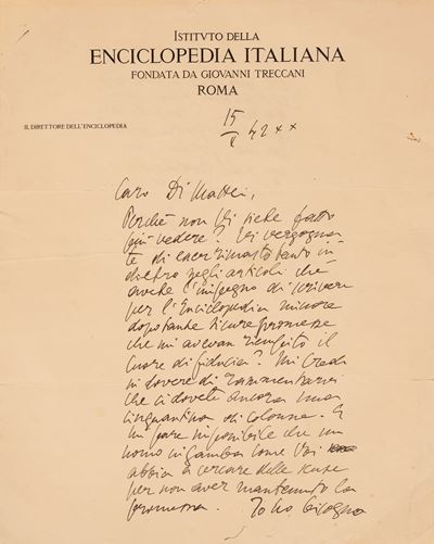 Gentile, Lettera autografa firmata, 1942