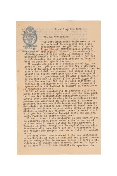Angelo Giuseppe Roncalli, Lettera dattiloscritta con firma autografa, 1925