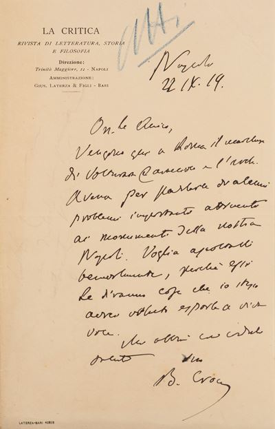 Lettera autografa firmata datata Napoli, 22 settembre 1919