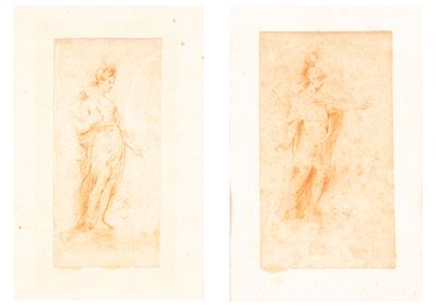 Autore sconosciuto, Studio per Apollo e Studio per Diana, matita rossa su carta