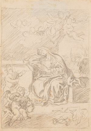 Sorrowful Madonna with angels in a landscape