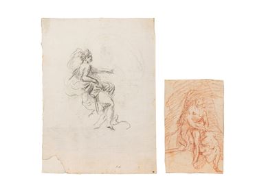 Studio per angelo e figura con toro, due disegni, matita nera e rossa su carta