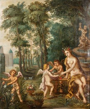 Flora e amorini in un giardino
