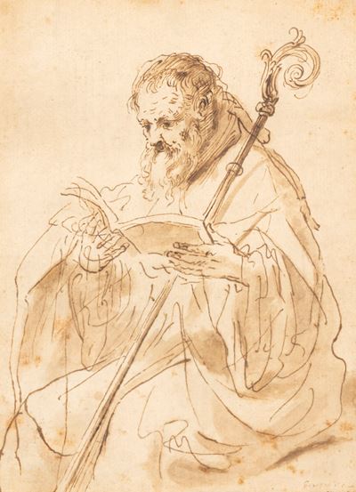 Autore ignoto, Santo leggente, penna, inchiostro bruno e acquerello su carta