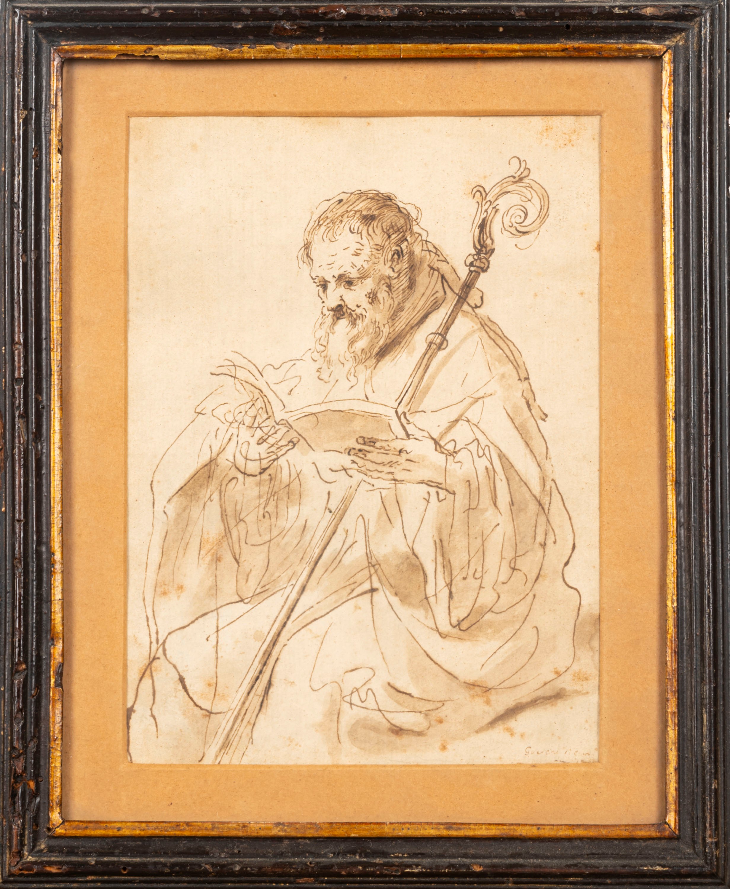 Scuola Emiliana, Secolo XVII - Autore ignoto, Santo leggente, penna, inchiostro bruno e acquerell...