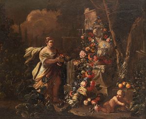 Triumph of flowers and fruits in a garden with a woman adorning a statue