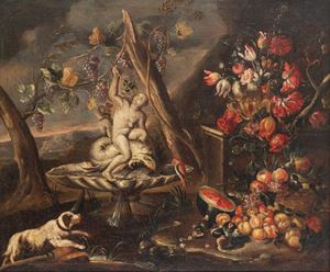 Triumph of flowers and fruit in a garden with a fountain