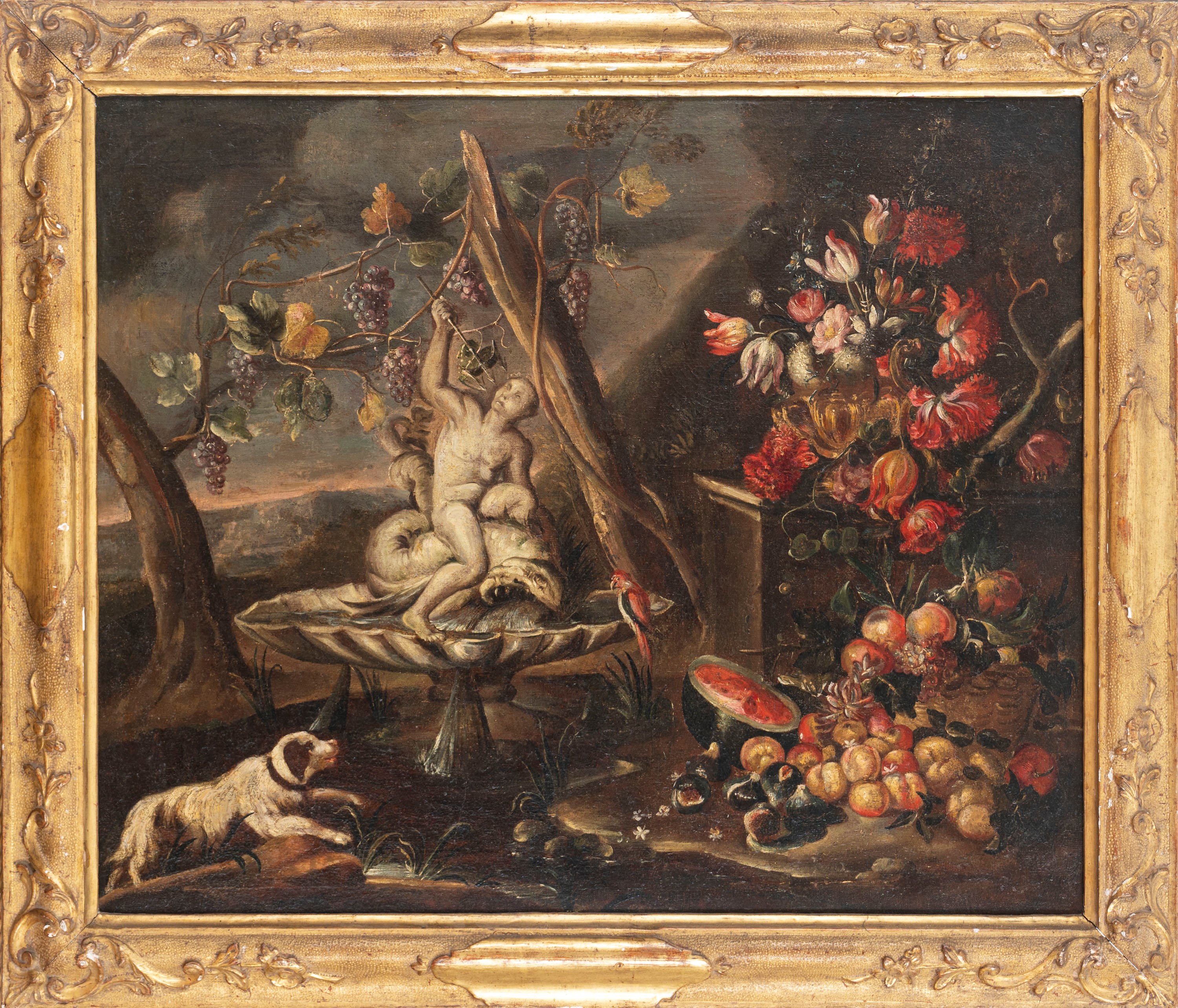 Trionfo di fiori e frutta in un giardino con fontana