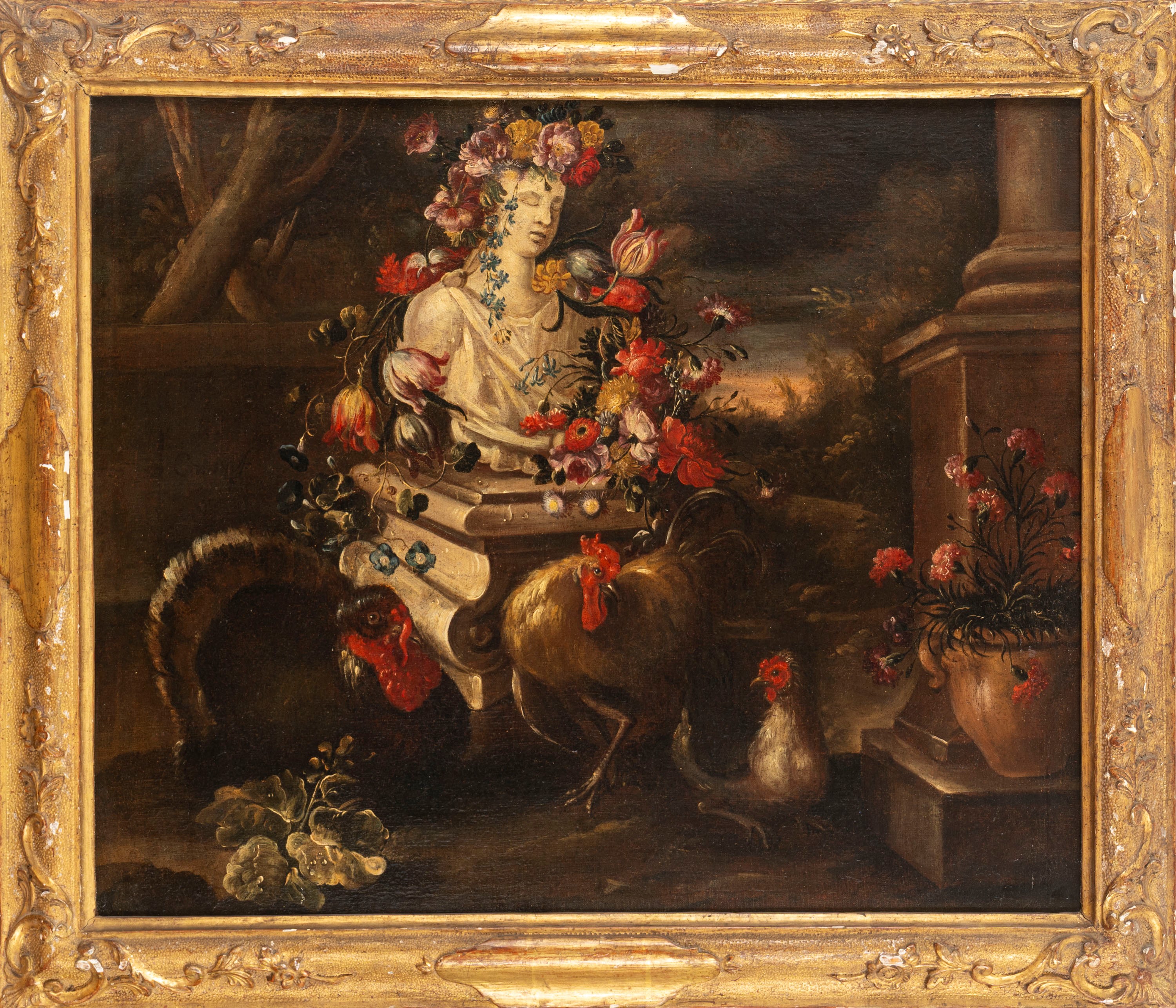 Natura morta con animali da cortile e busto in marmo adornato di fiori, en plein air