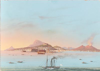Golfo di Napoli, gouache su carta applicata a cartone