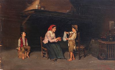 Il cucito, olio su compensato