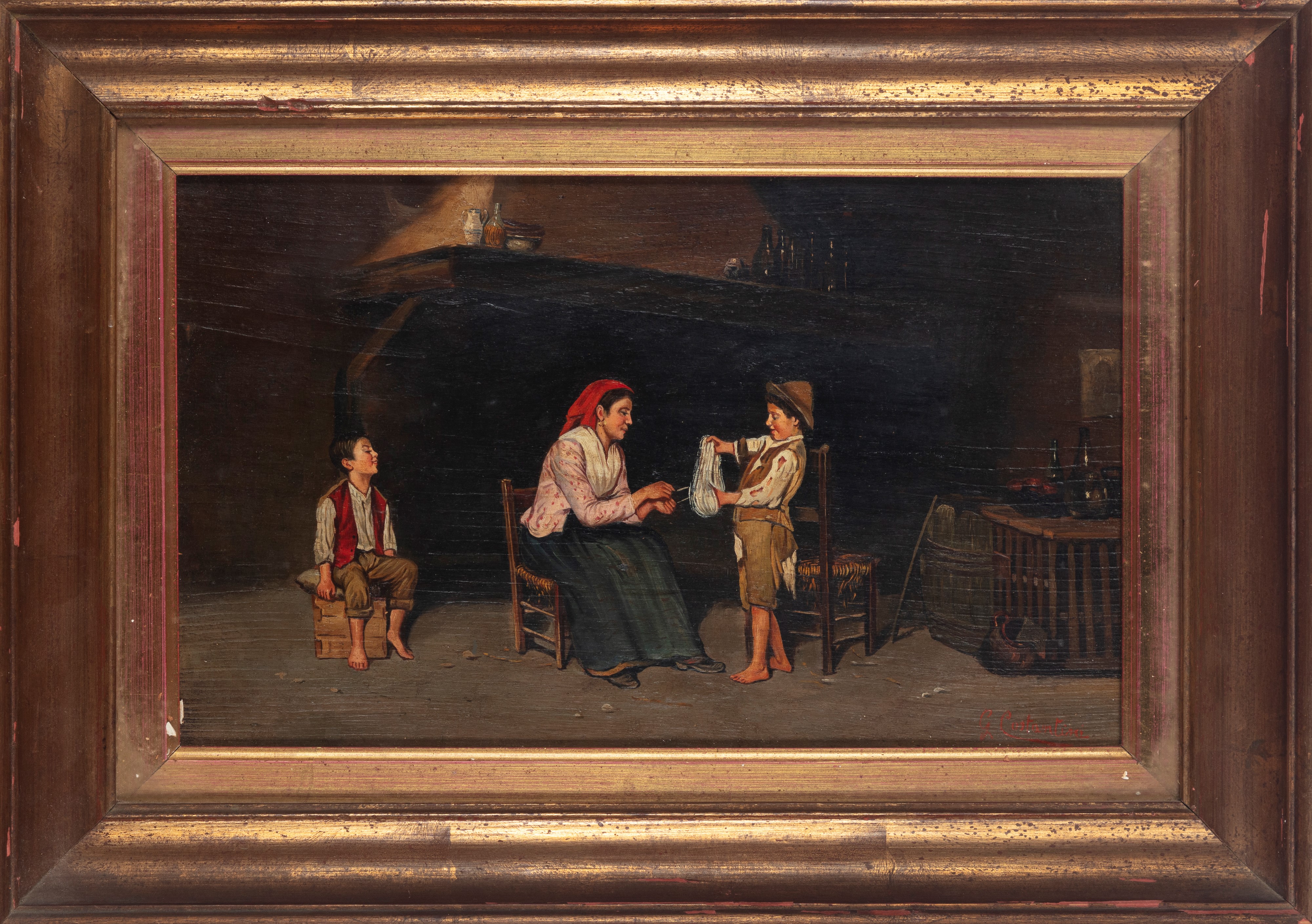 Giovanni Costantini - Il cucito, olio su compensato