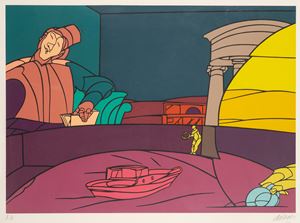 Composition with temple and boat