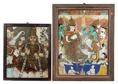 Due Dipinti su Vetro Raffiguranti Divinità Indiane, Secolo XIX