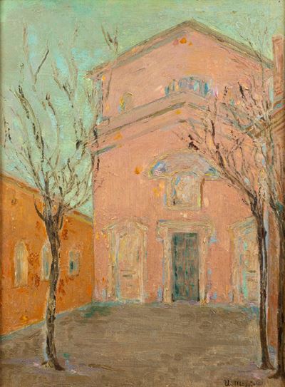 Piazzetta in inverno, olio su compensato