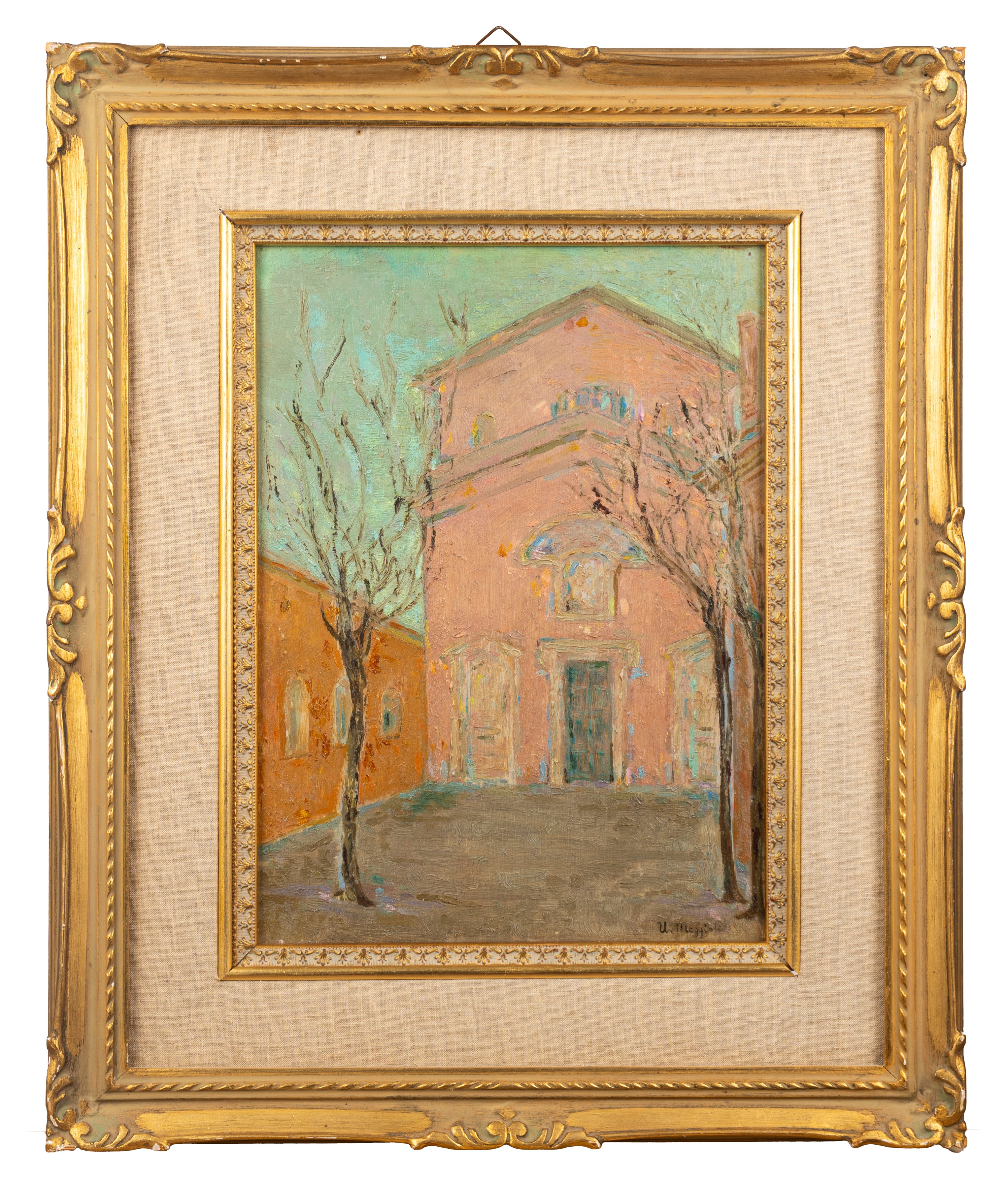 Umberto Moggioli - Piazzetta in inverno, olio su compensato