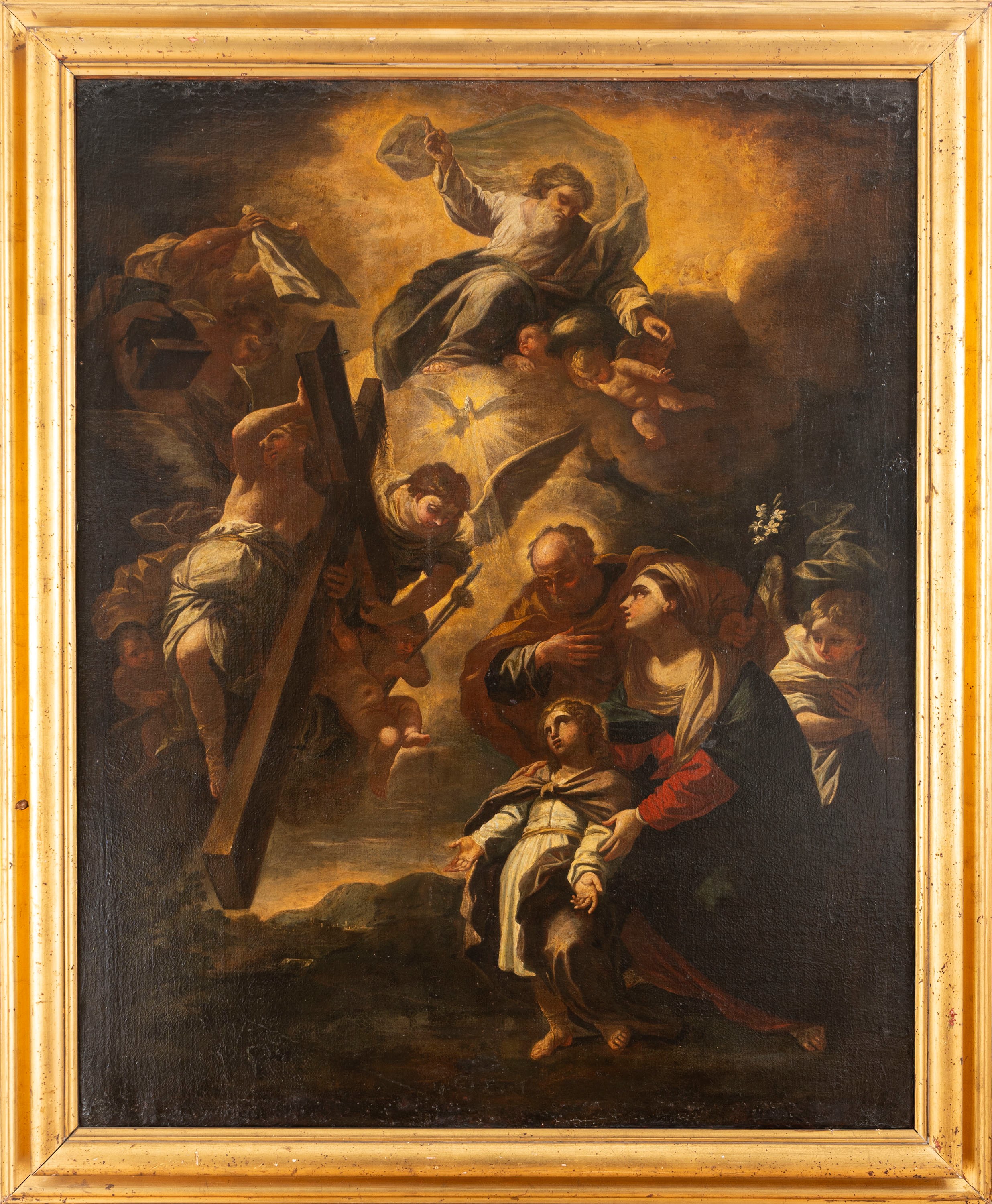 Sacra Famiglia a cui appare il Padre Eterno con Angeli che ostentano i Simboli della Passione