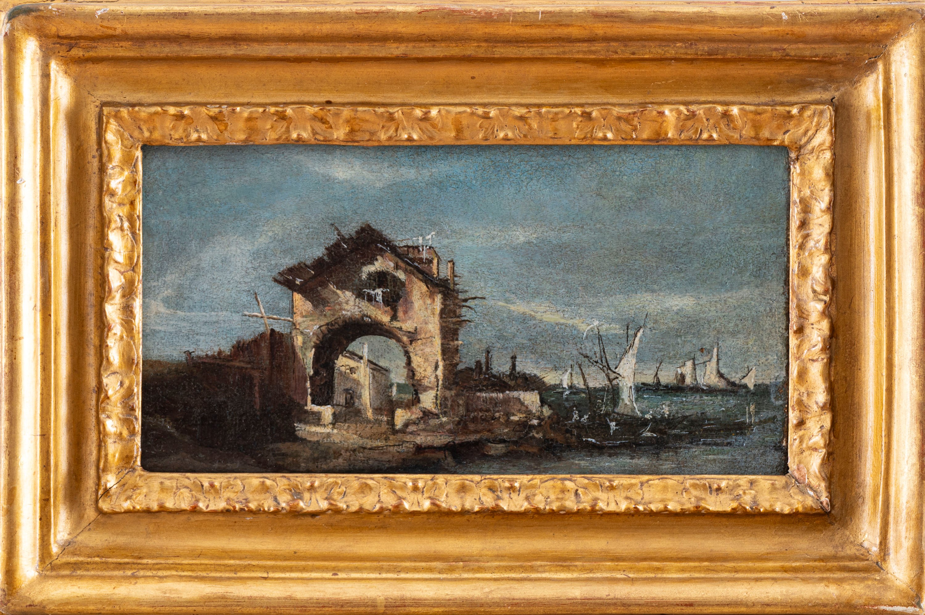 Ambito di Francesco Guardi, Fine Secolo XVIII - Inizio Secolo XIX - Capriccio con Casa Rustica e ...