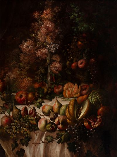 Trionfo di fiori e frutta, olio su tela