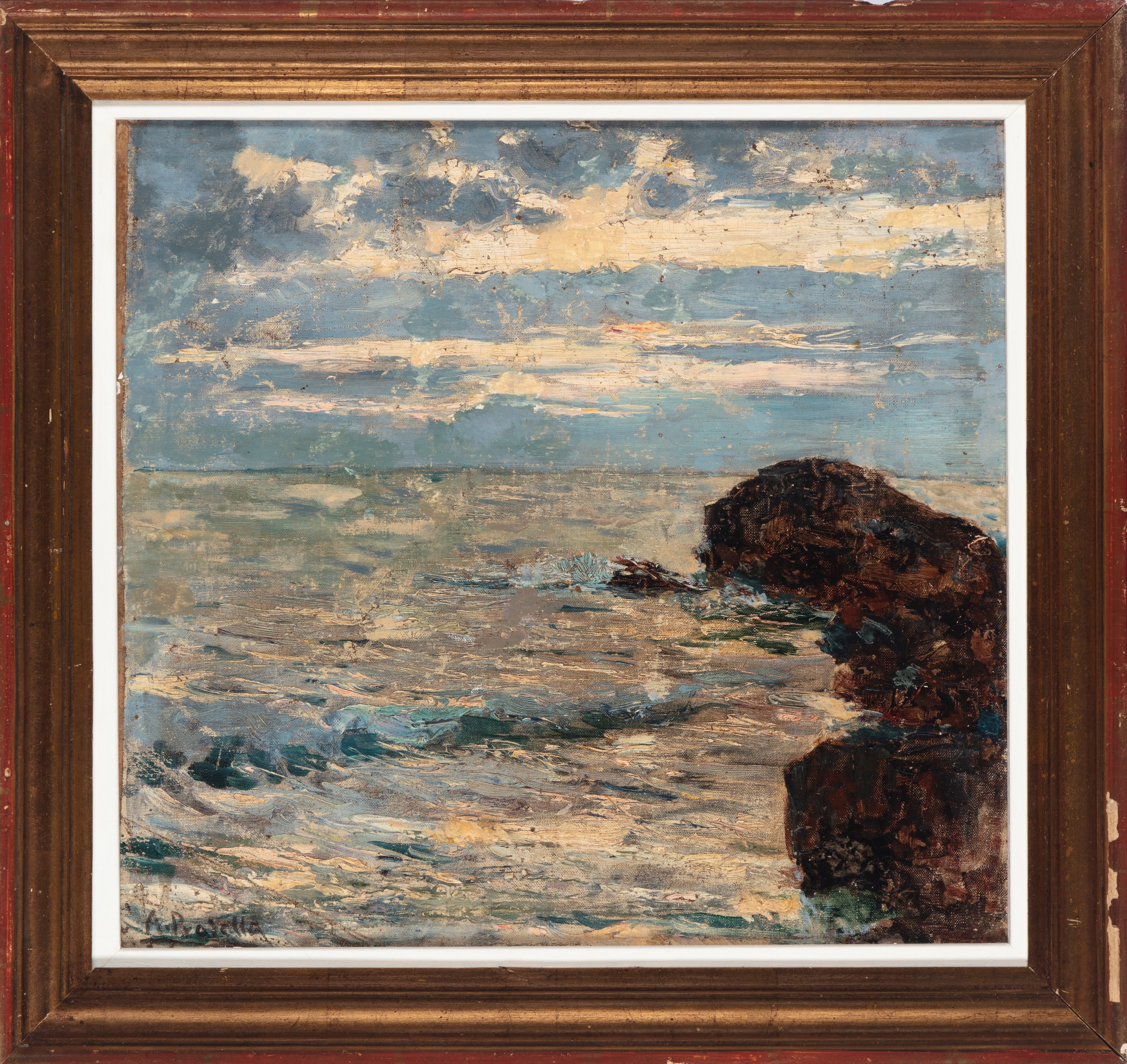Attilio Pratella - La scogliera, olio su tela applicata a cartone