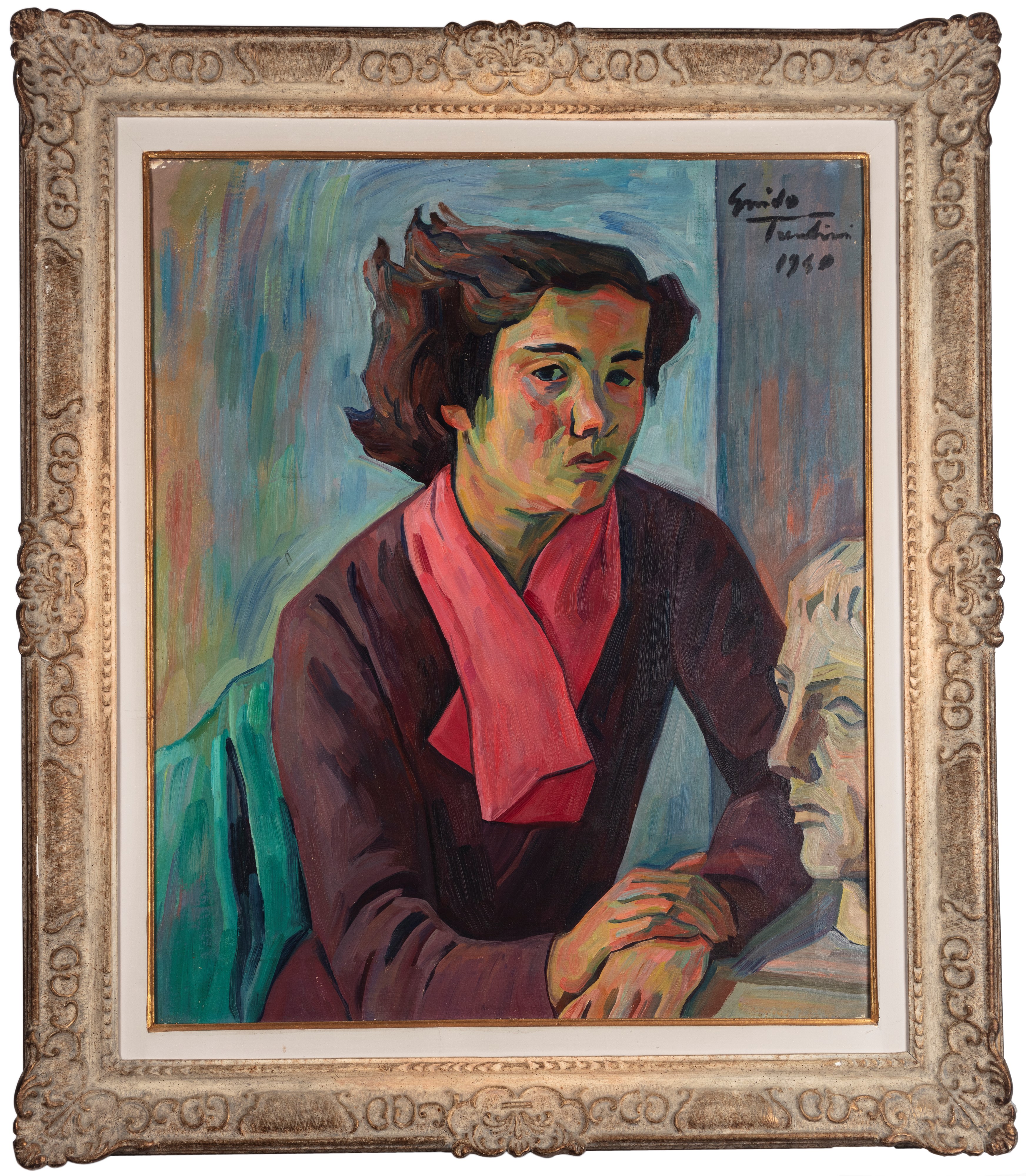 Guido Trentini - Figura con sciarpa rossa, olio su tela
