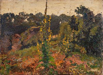 Campagna alberata, olio su cartone