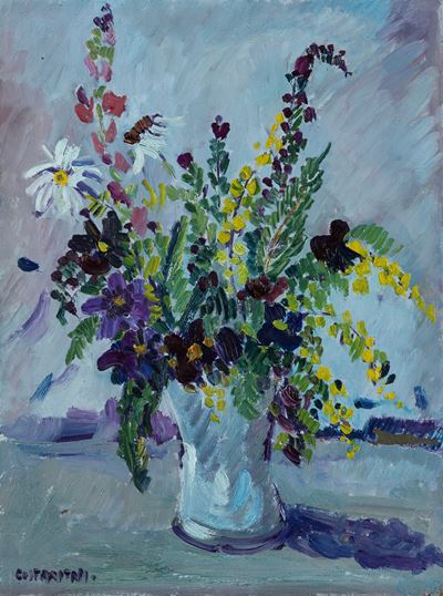 Vaso con fiori, olio su cartone
