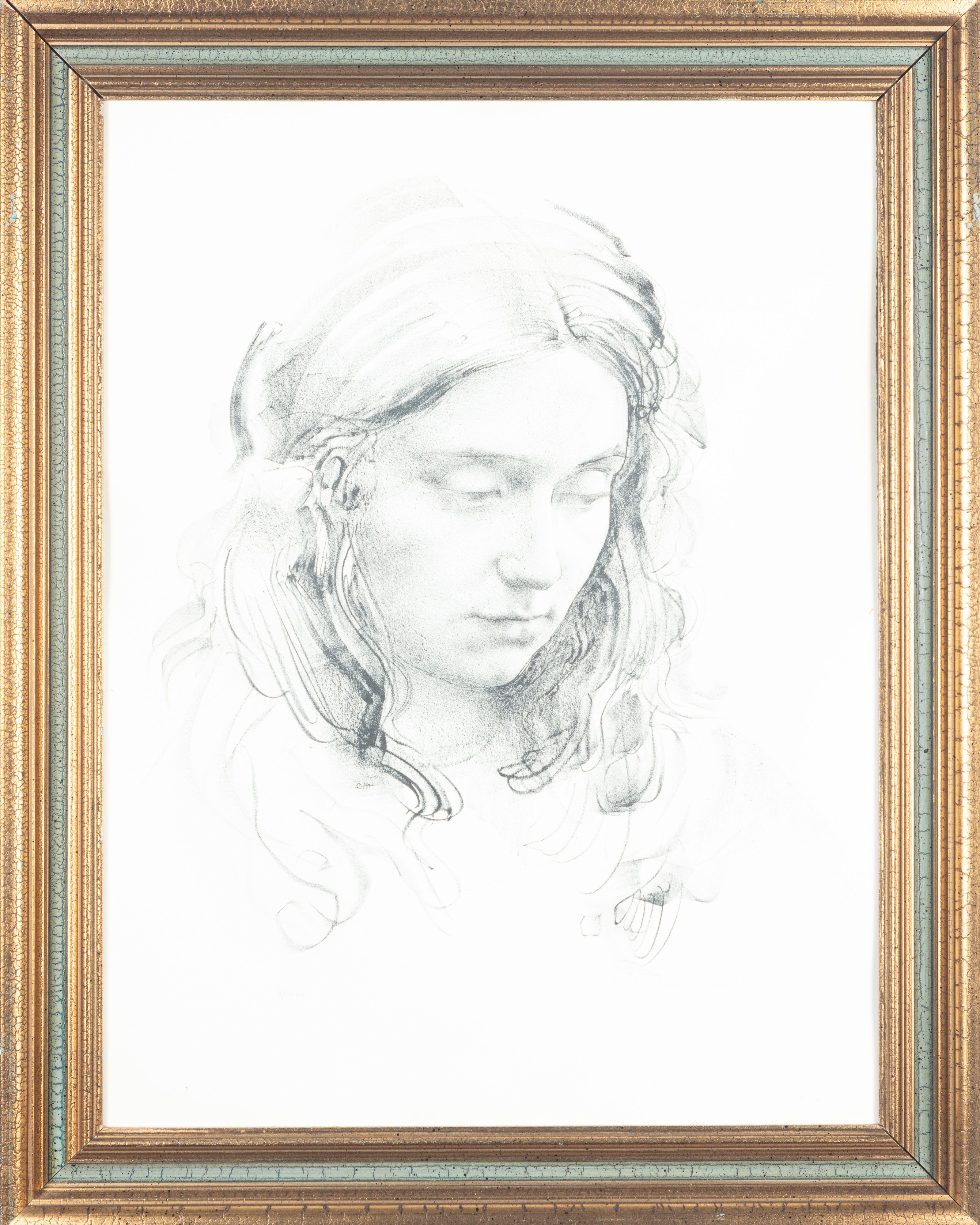 Pietro Annigoni - Volto di donna, litografia